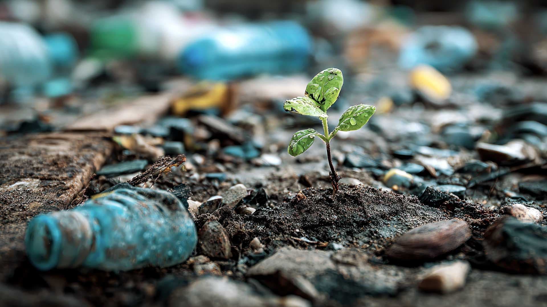 A green plant growing in soil